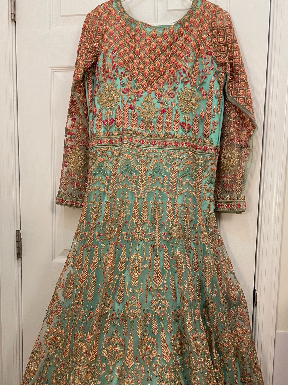 Designer Teal and Sage Green Ball Gown with Red & Gold Floral Embroidery